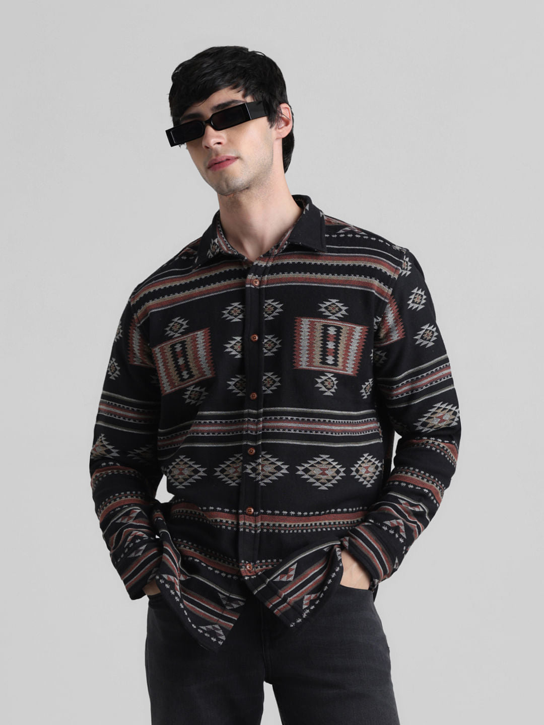Black Abstract Print Jacquard Shirt - S