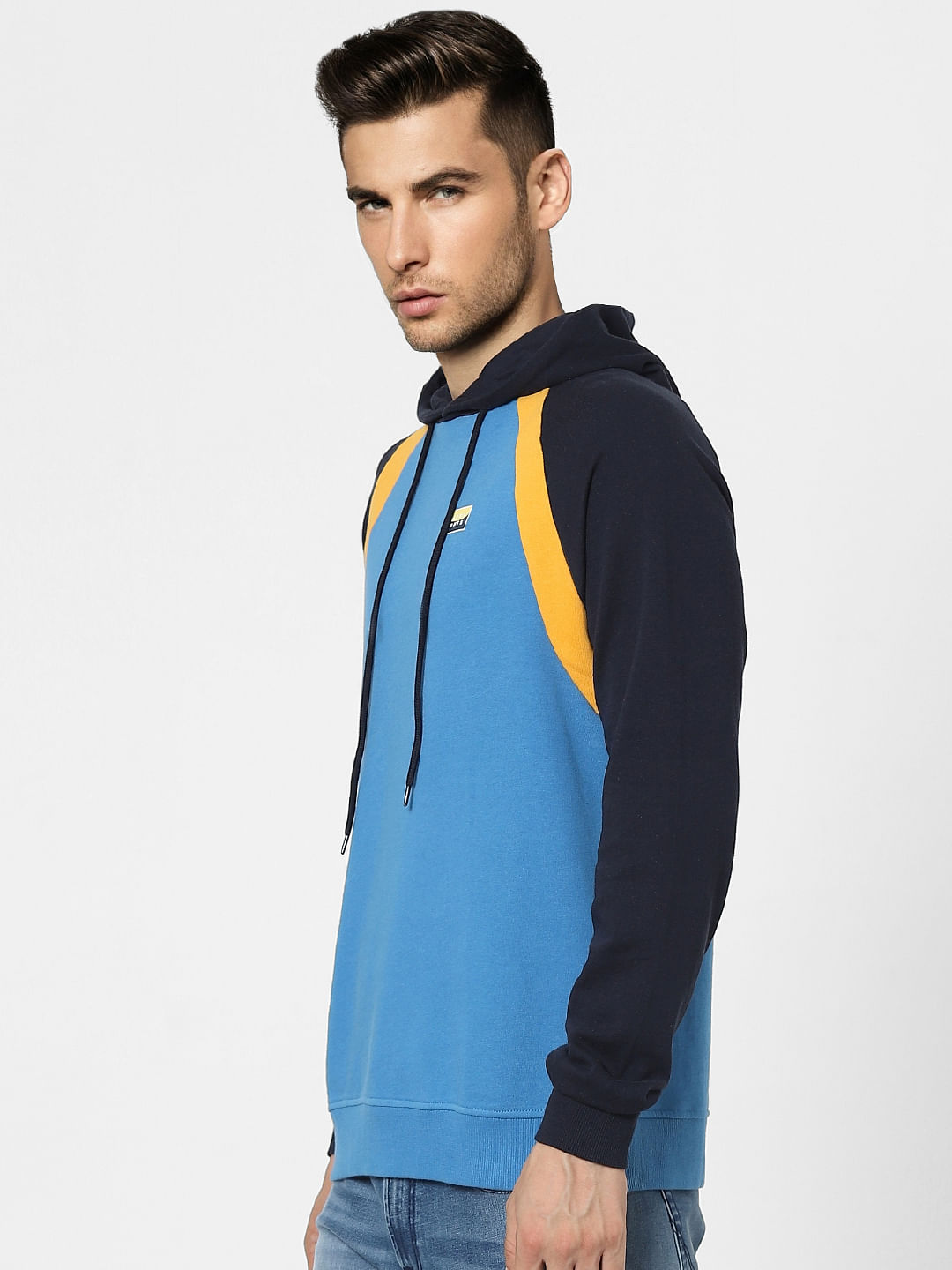 Blue Colourblocked Hooded Sweatshirt