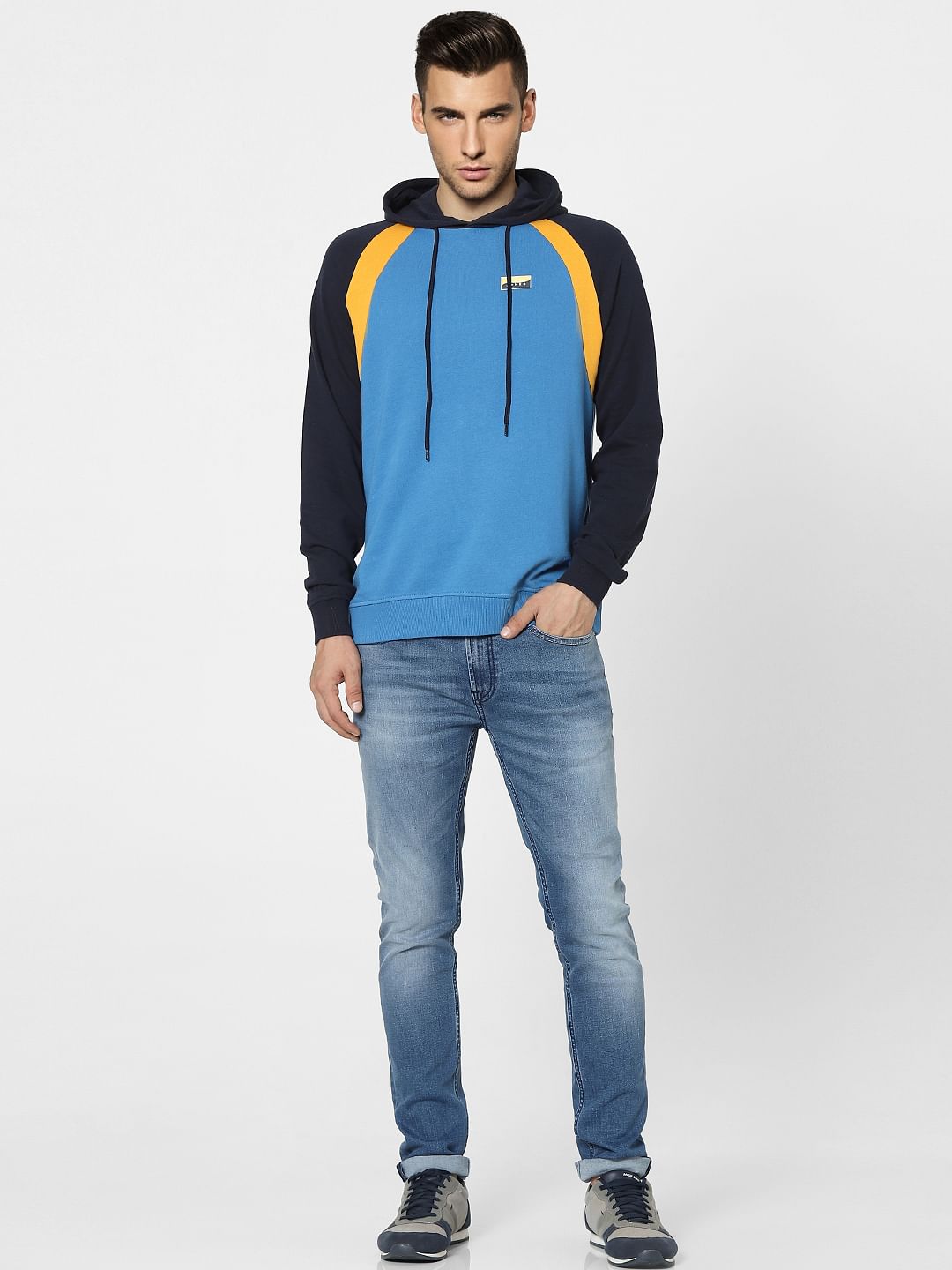 Blue Colourblocked Hooded Sweatshirt