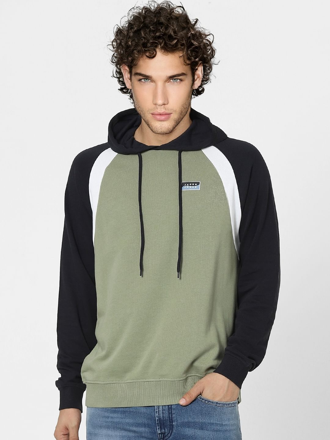 Green Colourblocked Hooded Sweatshirt