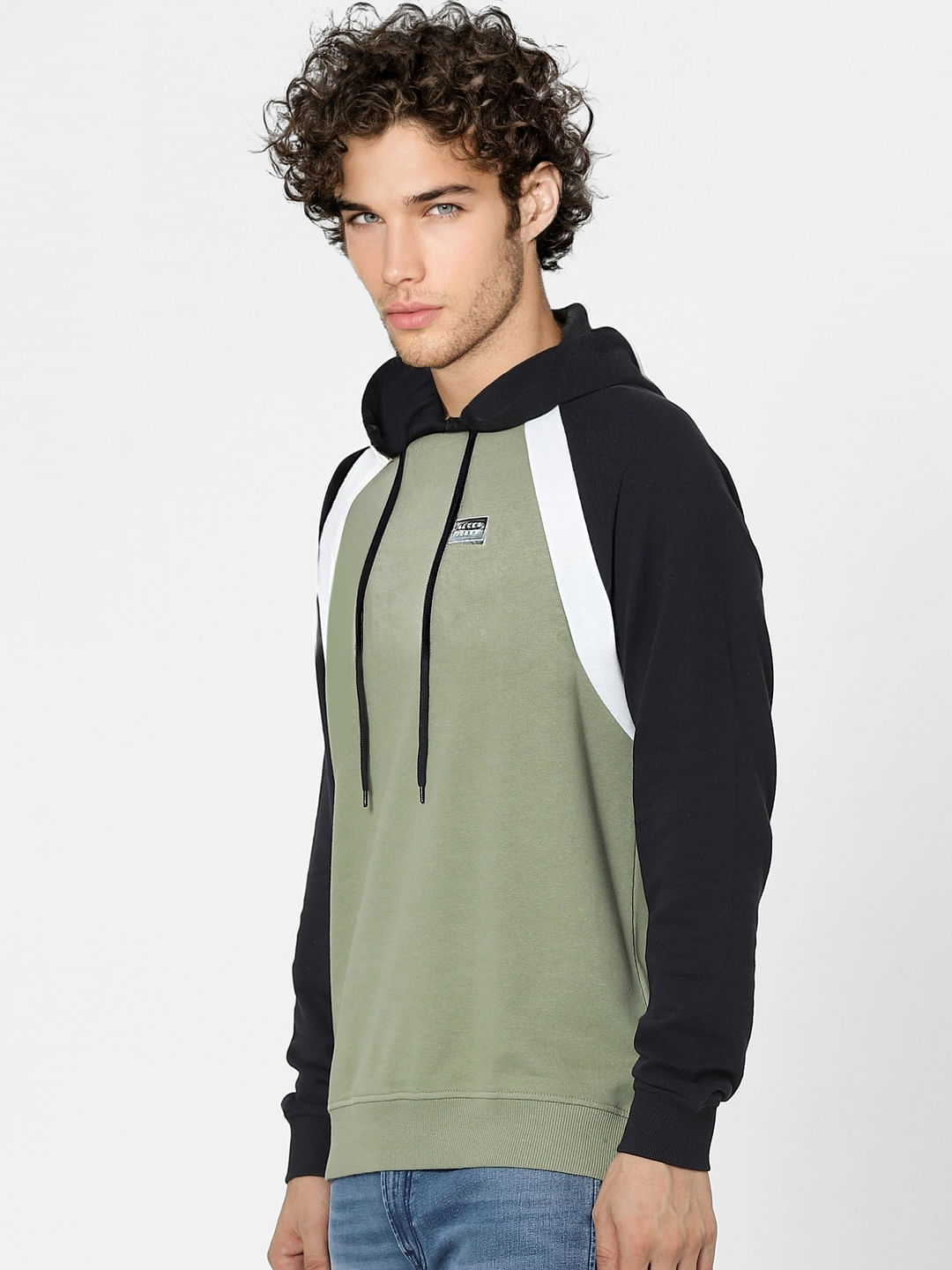 Green Colourblocked Hooded Sweatshirt