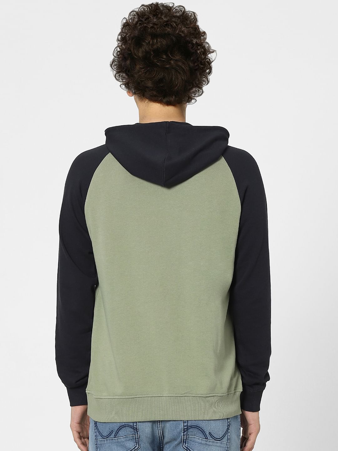 Green Colourblocked Hooded Sweatshirt