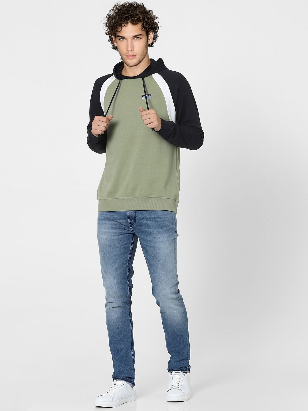 Green Colourblocked Hooded Sweatshirt