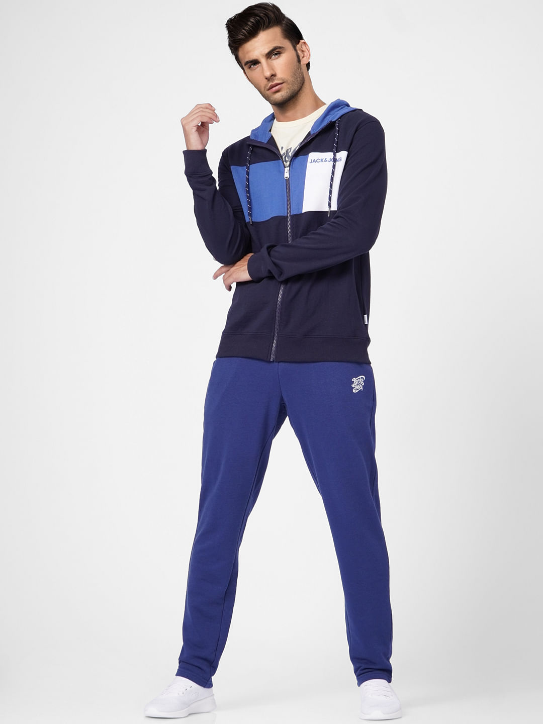 Blue Colourblocked Hooded Sweatshirt