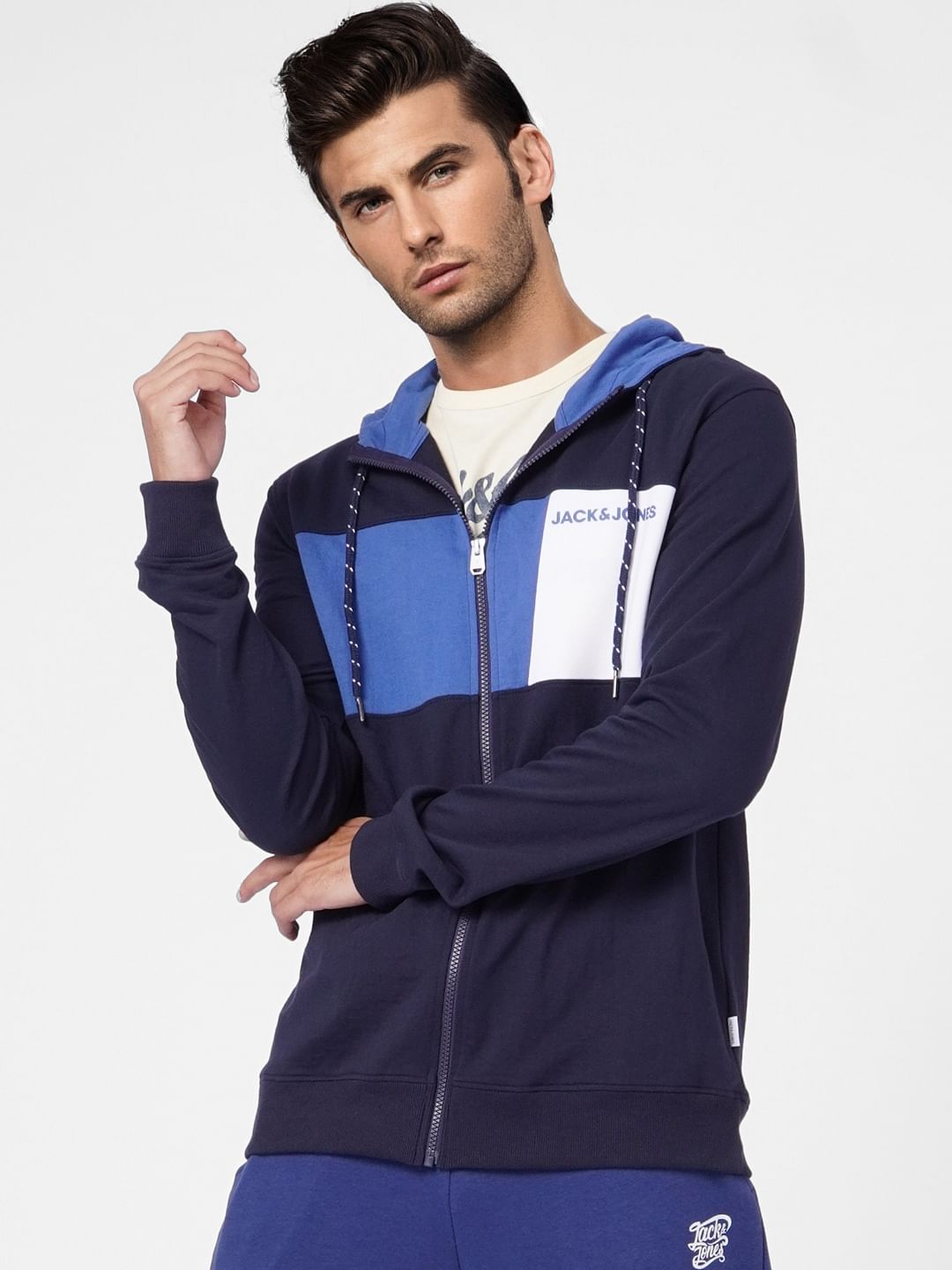 Blue Colourblocked Hooded Sweatshirt