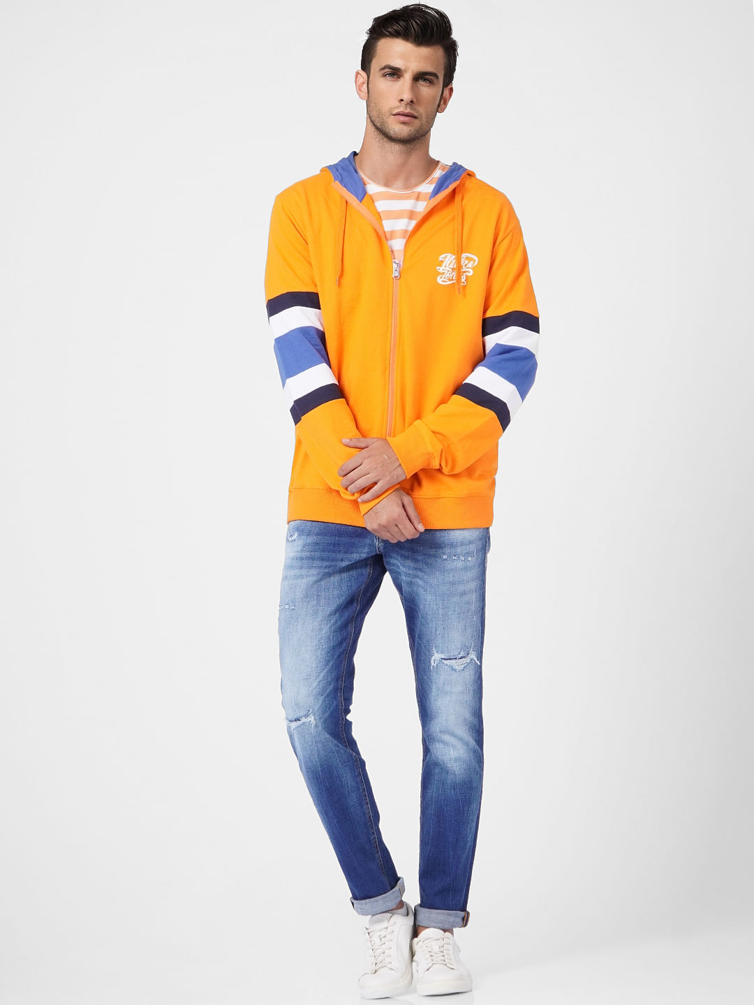 Orange Colourblocked Hooded Sweatshirt - S
