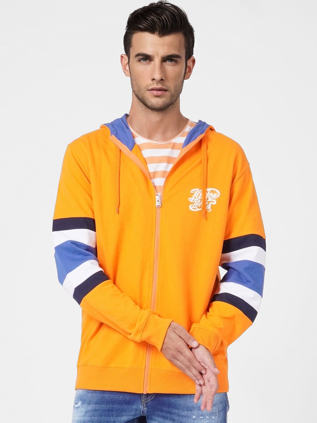 Orange Colourblocked Hooded Sweatshirt