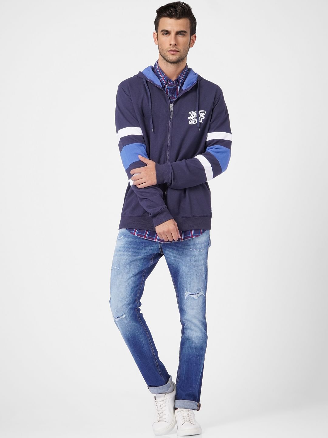 Blue Colourblocked Hooded Sweatshirt - S