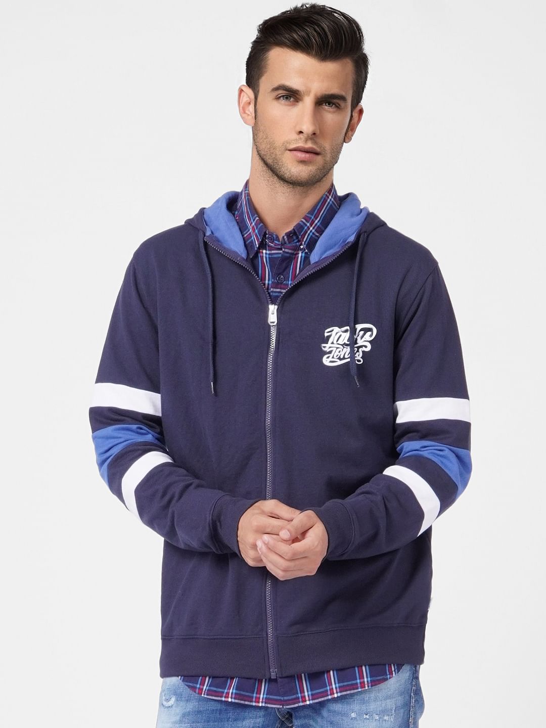 Blue Colourblocked Hooded Sweatshirt