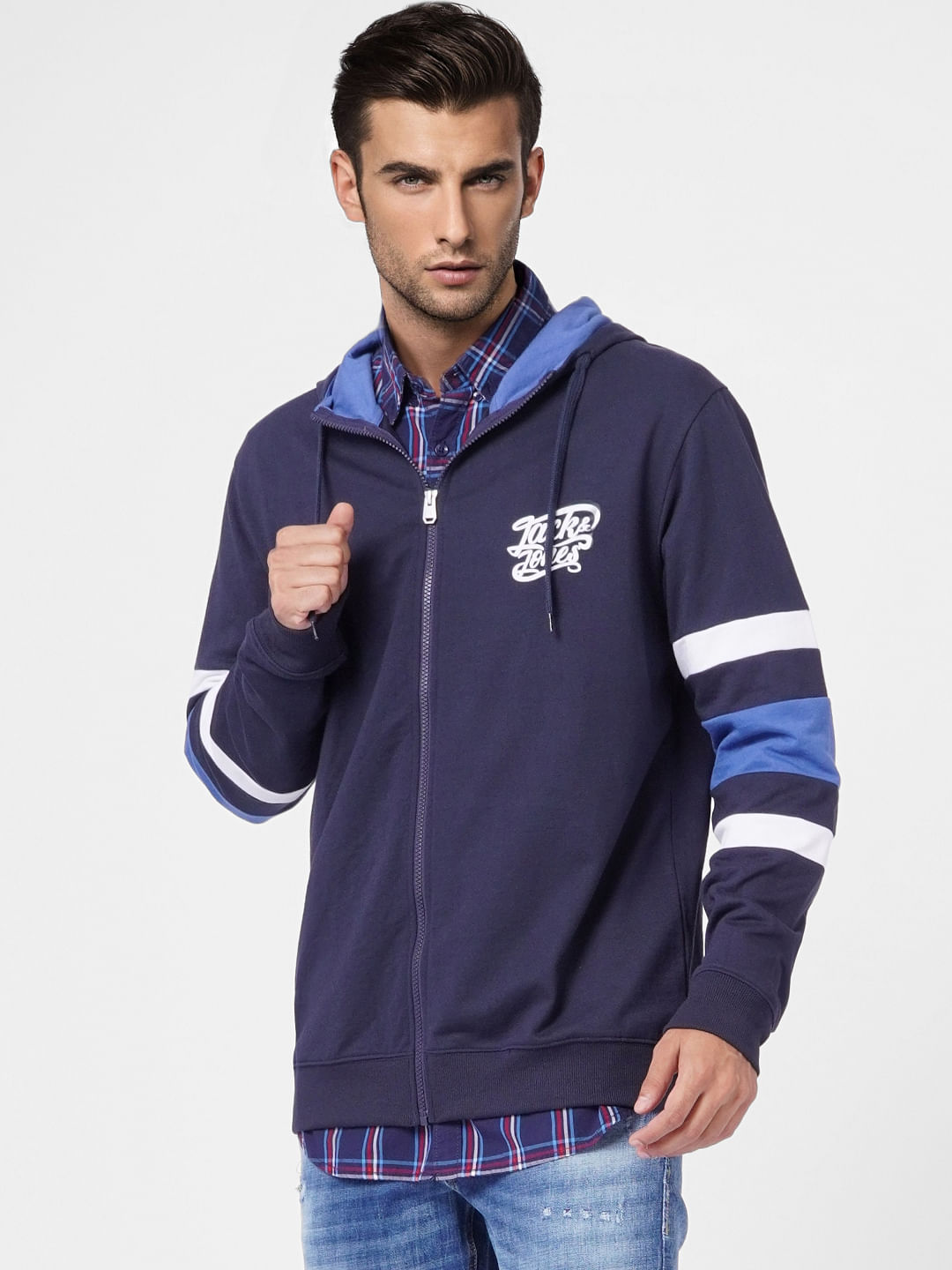 Blue Colourblocked Hooded Sweatshirt