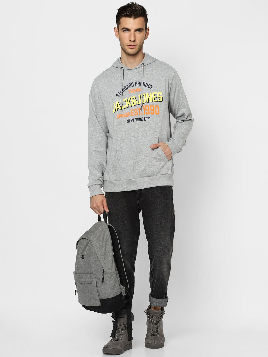 Grey Logo Print Hooded Sweatshirt