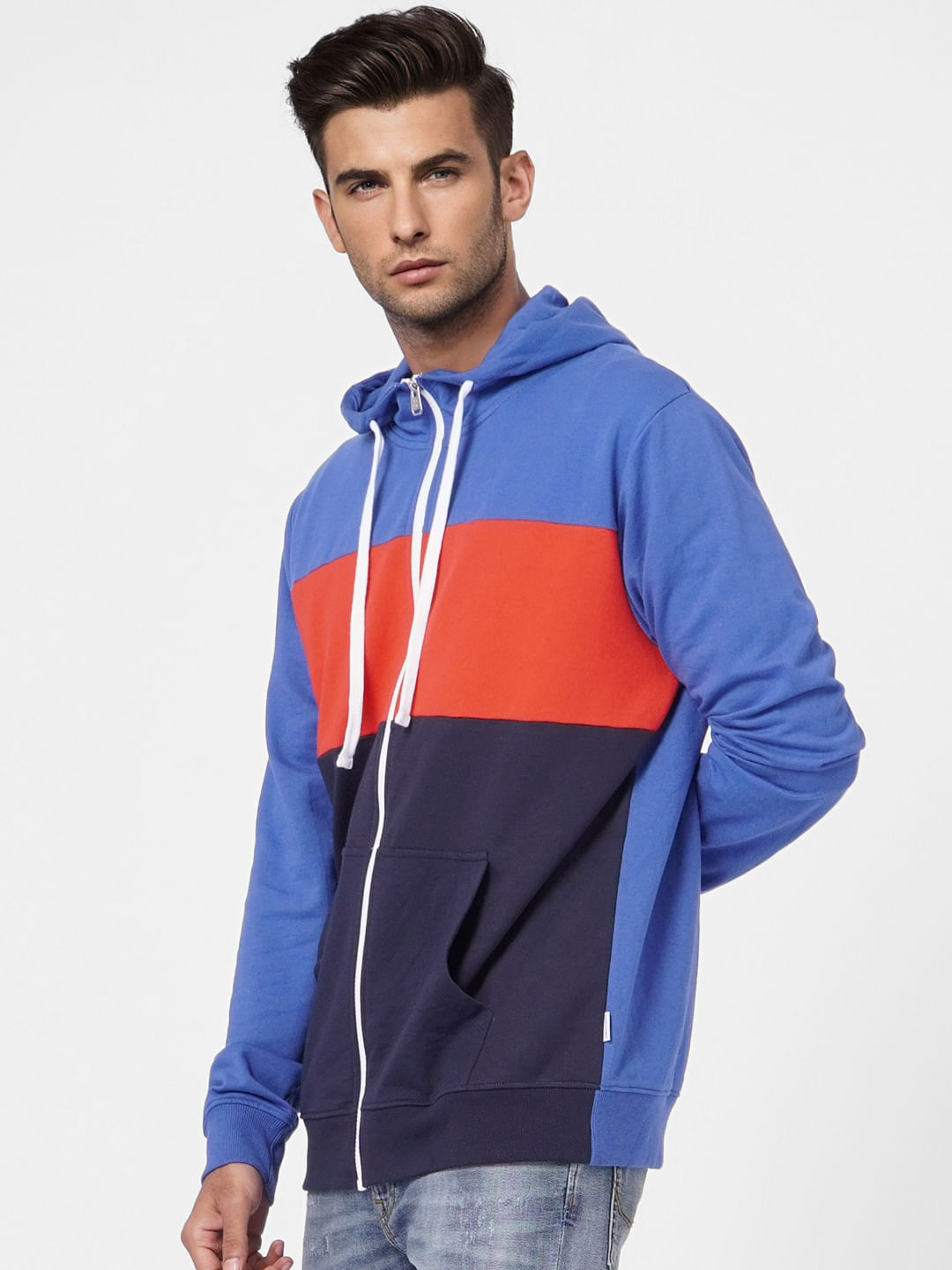 Blue Colourblocked Hooded Sweatshirt