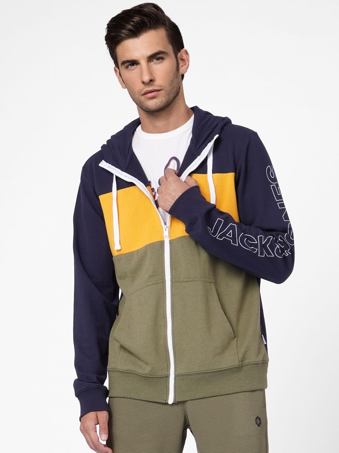 Green Colourblocked Hooded Sweatshirt