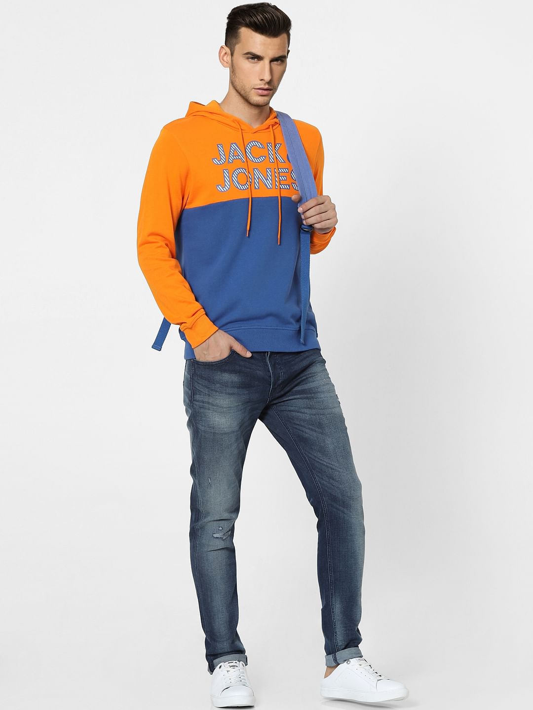 Orange Colourblocked Hooded Sweatshirt