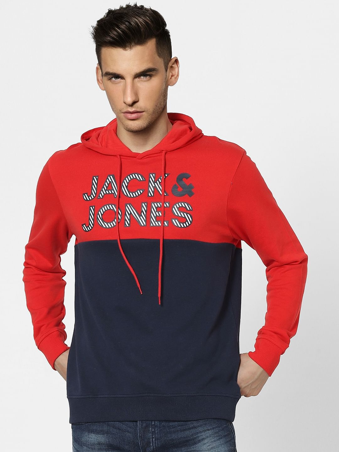 Red Colourblocked Hooded Sweatshirt