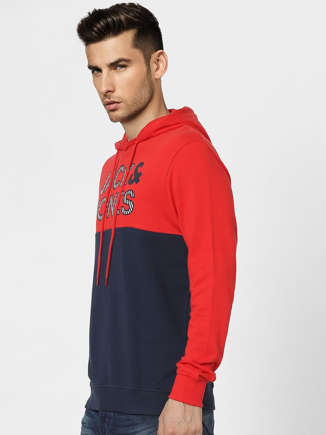 Red Colourblocked Hooded Sweatshirt