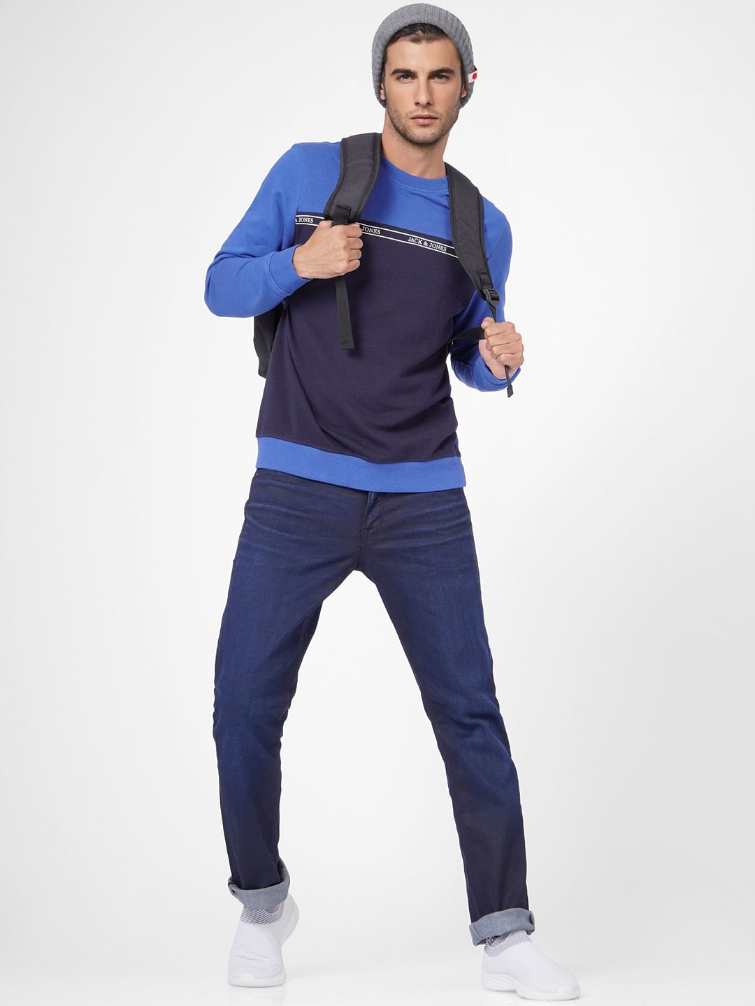 Navy Blue Colourblocked Sweatshirt - S
