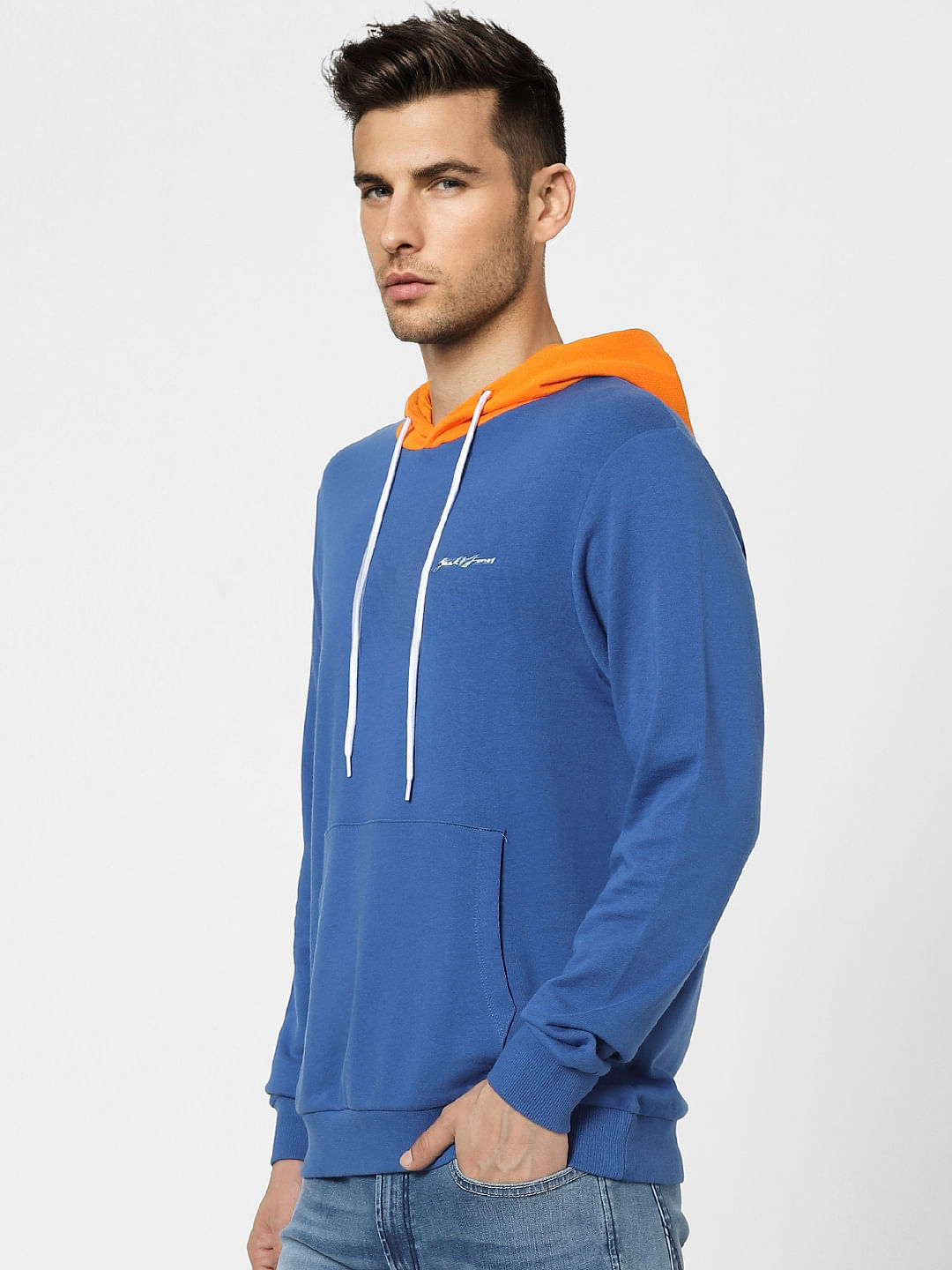 Blue Colourblocked Hooded Sweatshirt