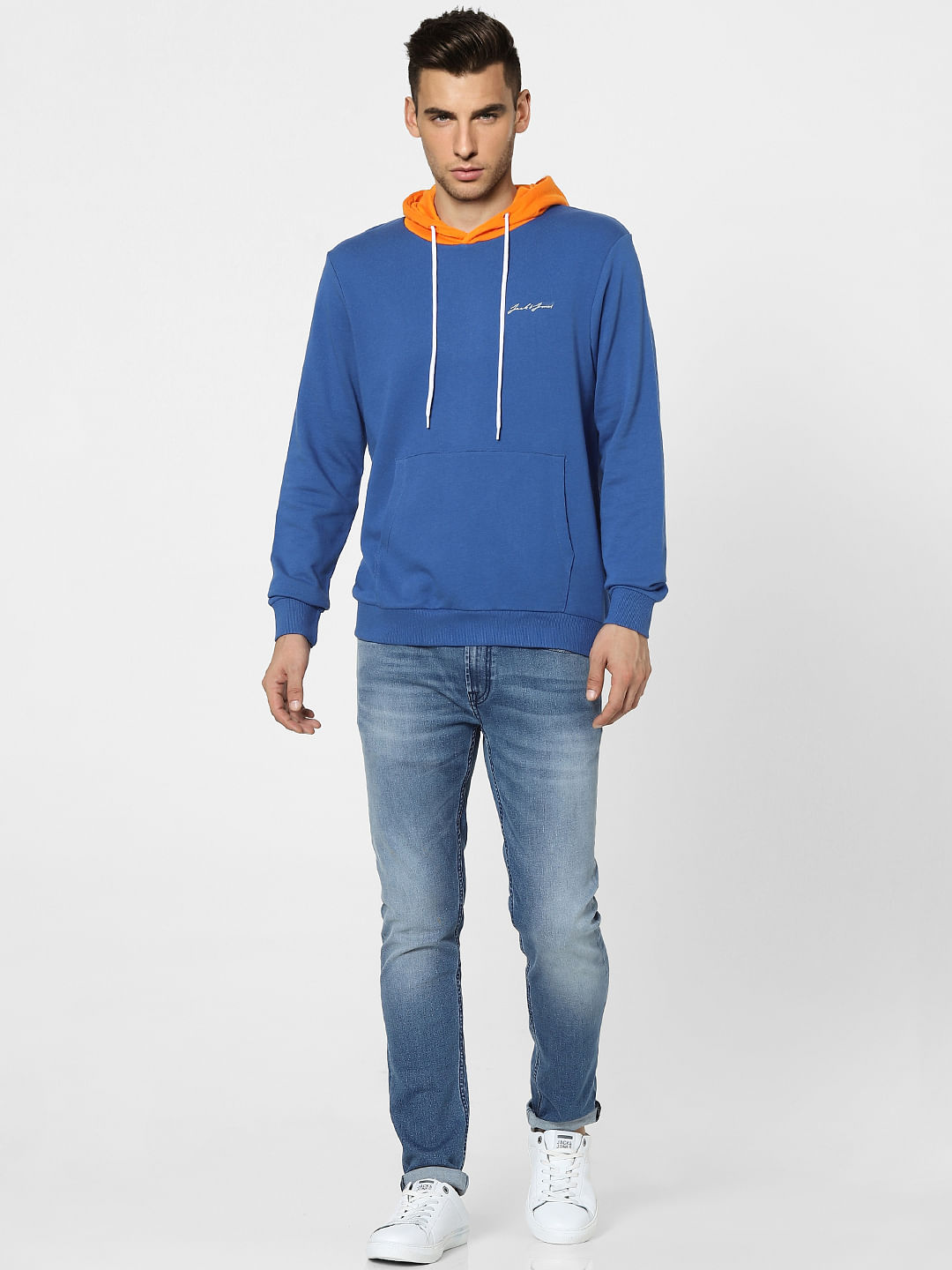 Blue Colourblocked Hooded Sweatshirt