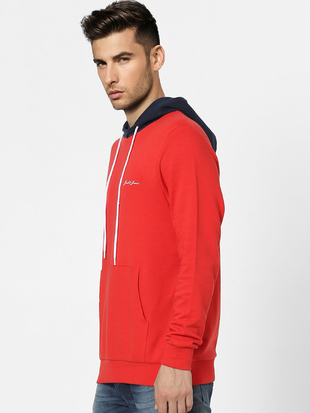 Red Colourblocked Hooded Sweatshirt