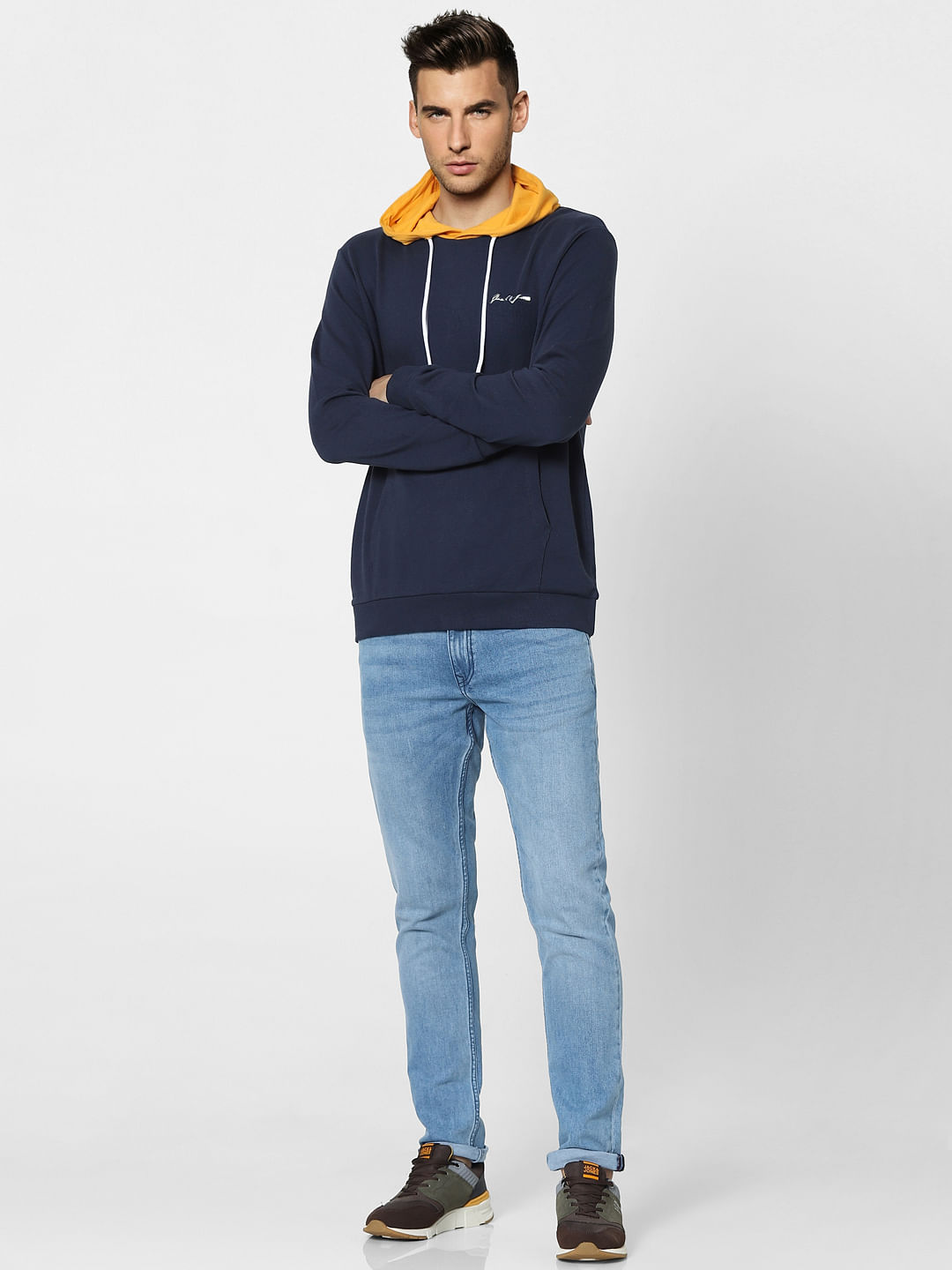 Blue Colourblocked Hooded Sweatshirt