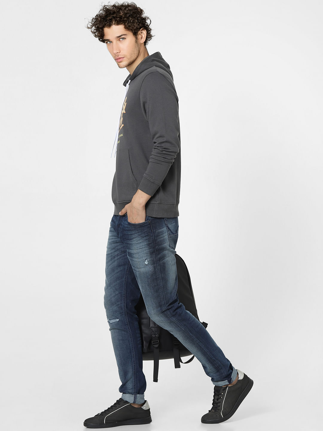 Grey Graphic Print Hooded Sweatshirt - S