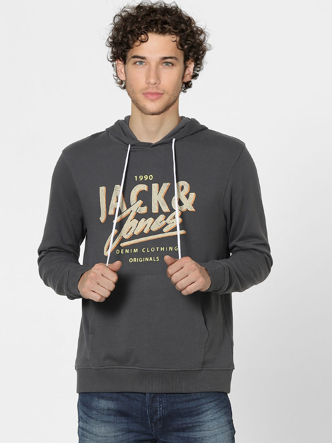 Grey Graphic Print Hooded Sweatshirt