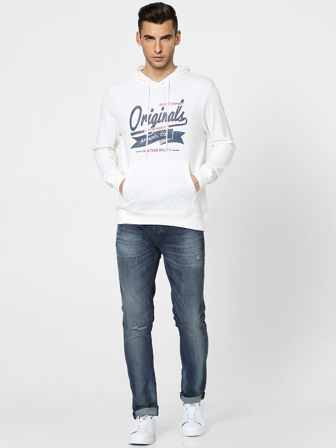 White Graphic Print Hooded Sweatshirt