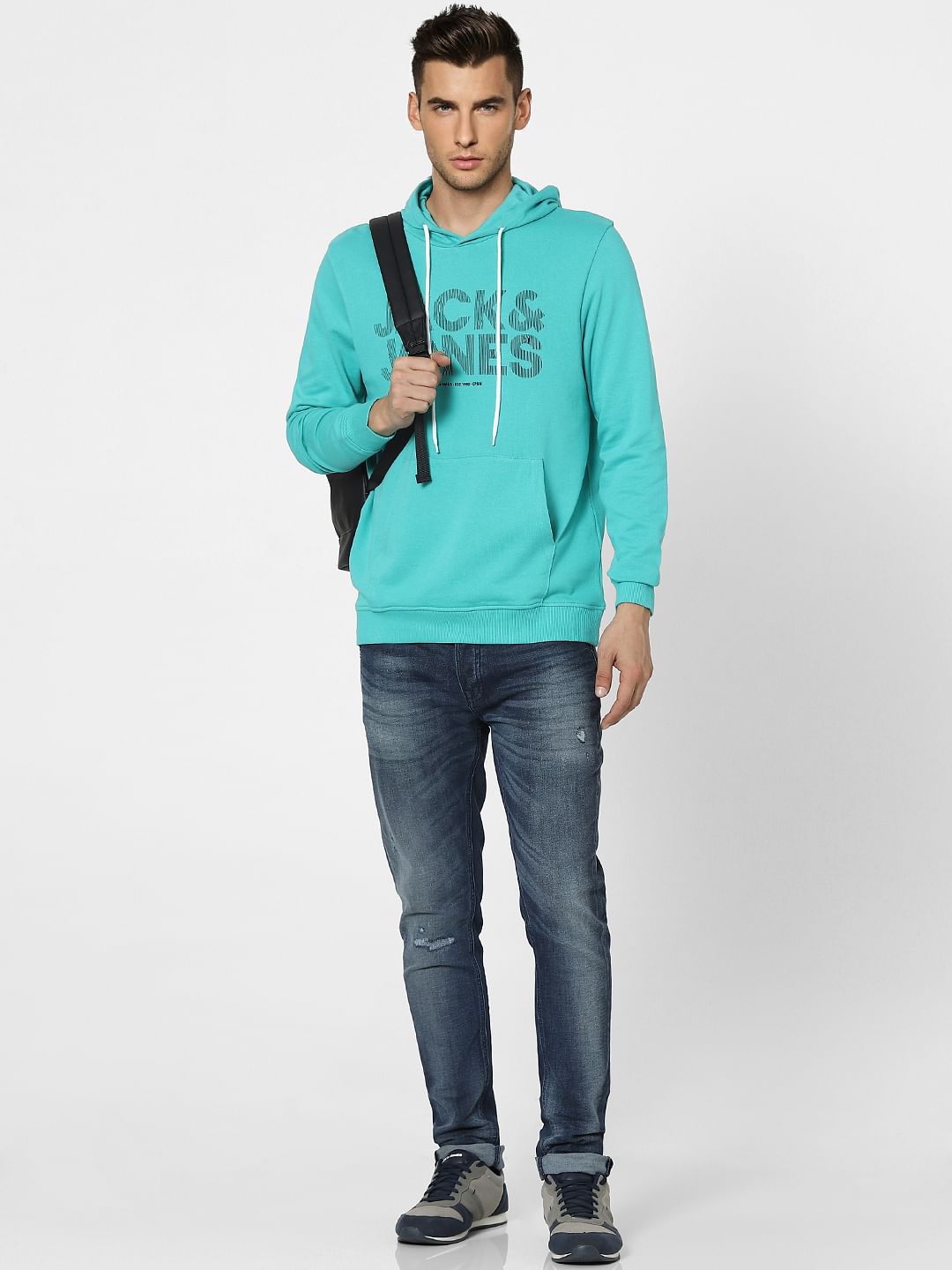 Blue Graphic Print Hooded Sweatshirt - S