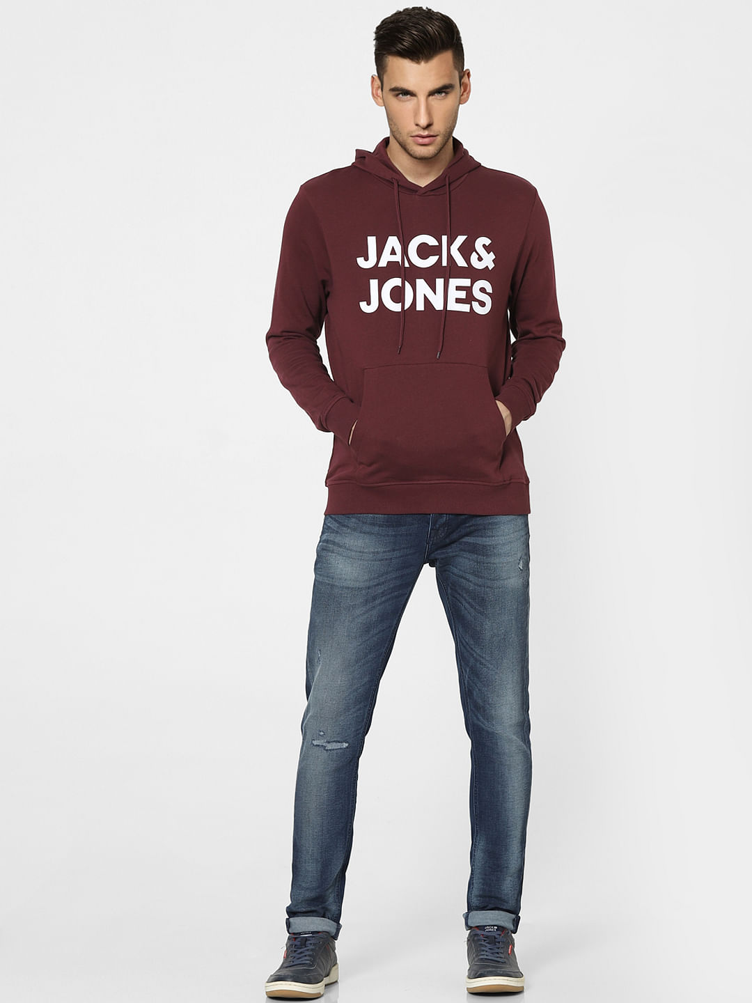 Maroon Logo Print Hooded Sweatshirt