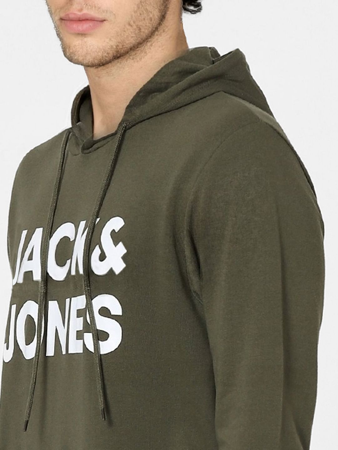 Olive Green Logo Print Hooded Sweatshirt
