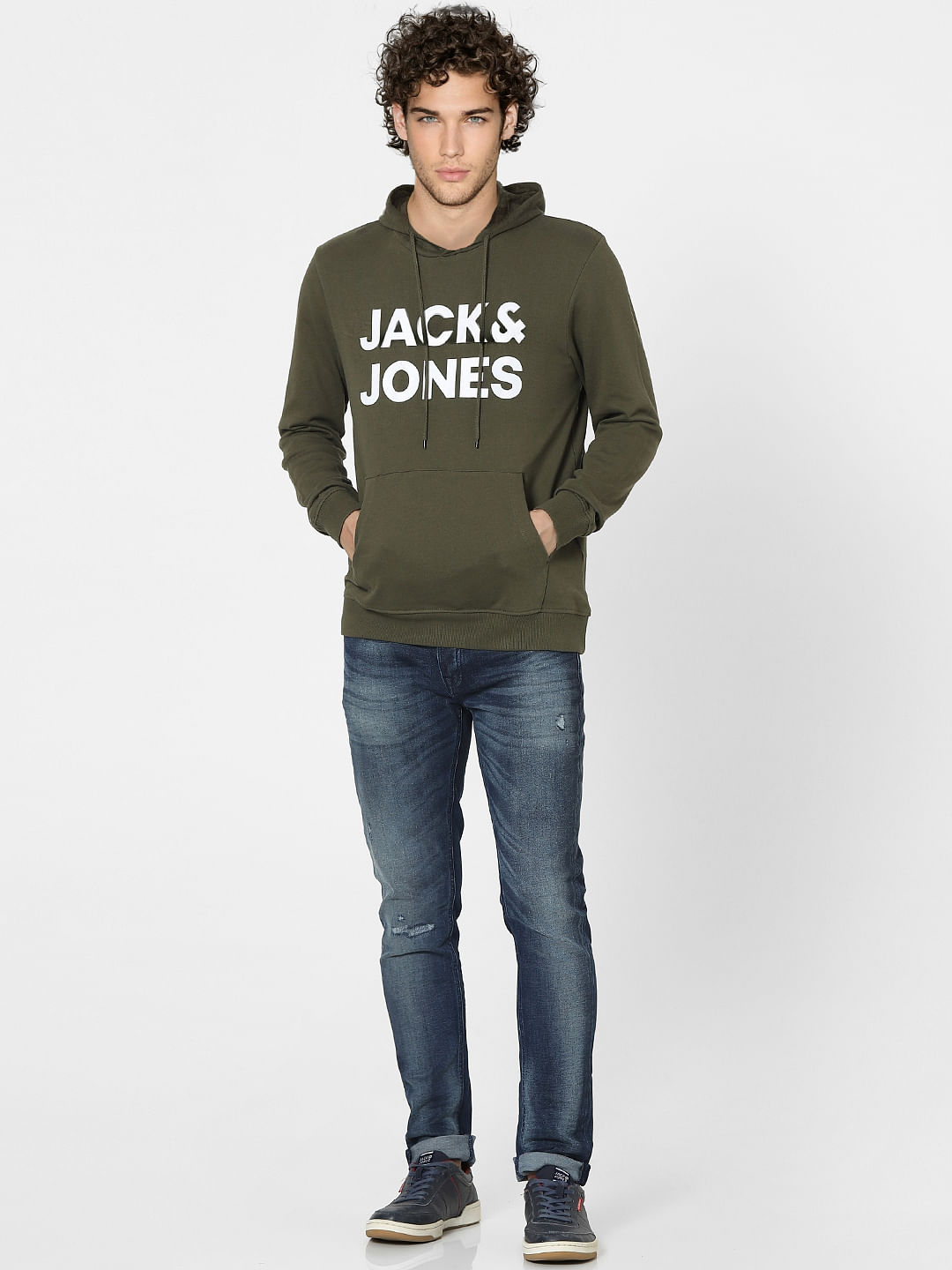 Olive Green Logo Print Hooded Sweatshirt