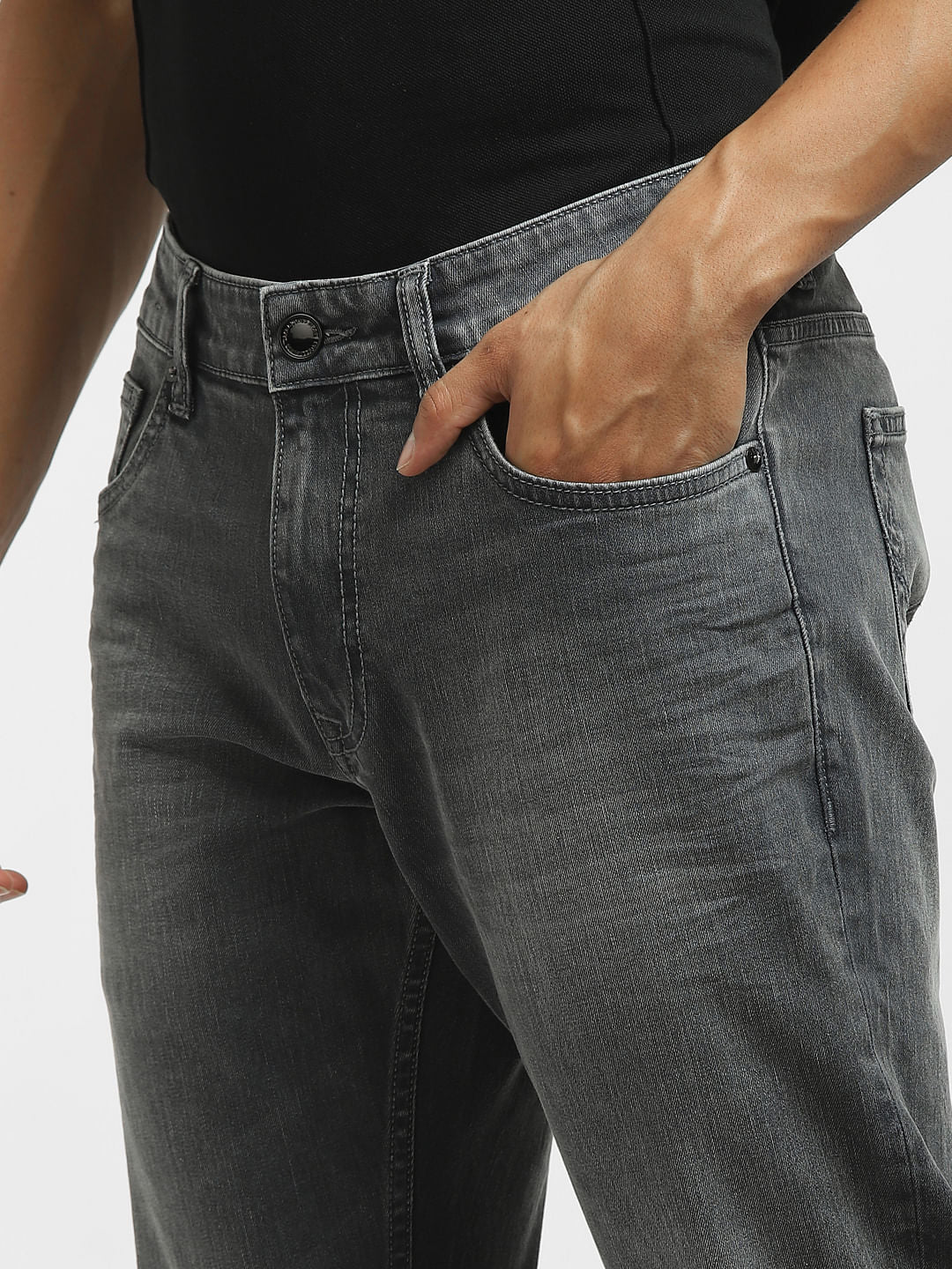 Grey Mid Rise Clark Regular Fit Jeans