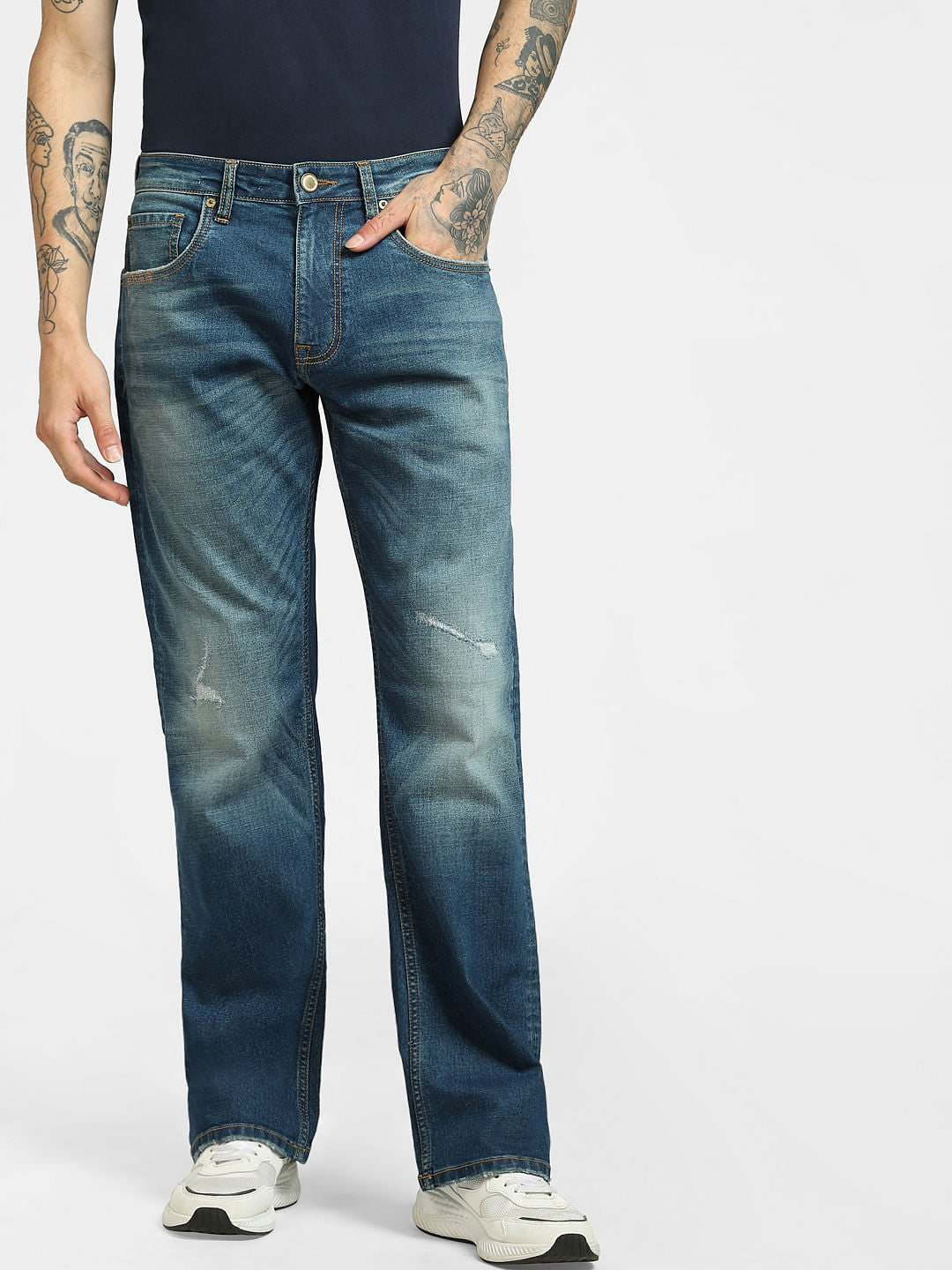 Blue High Rise Distressed Bootcut Jeans