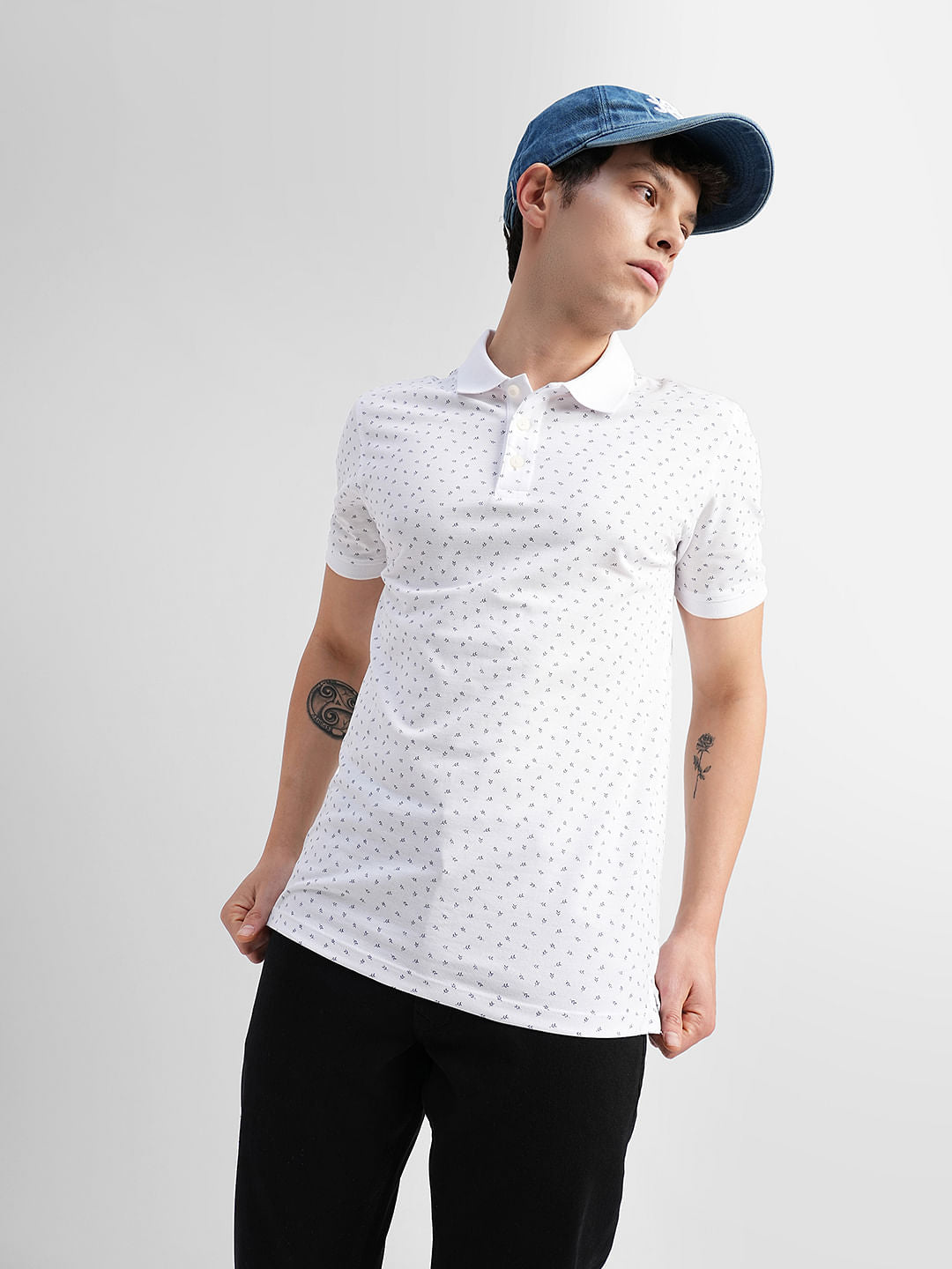 White Printed Polo Neck T-shirt