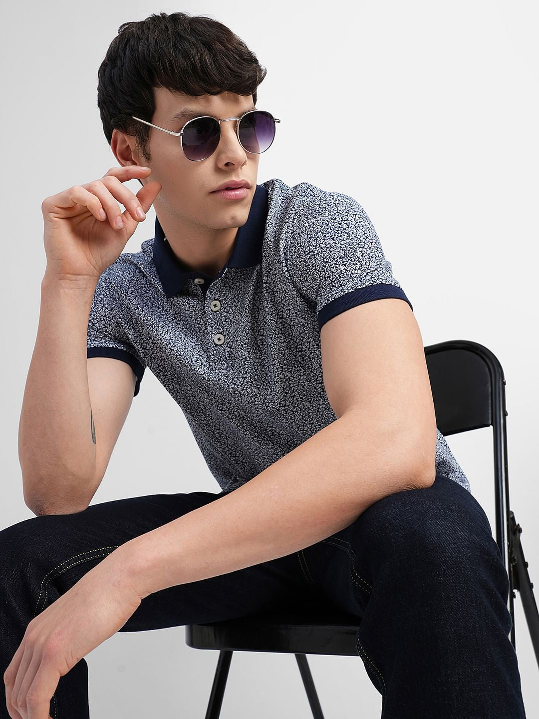 Navy Blue Printed Polo Neck T-shirt - S