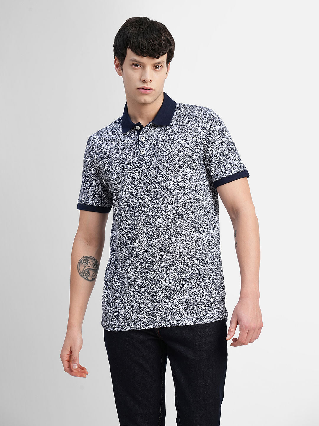 Navy Blue Printed Polo Neck T-shirt