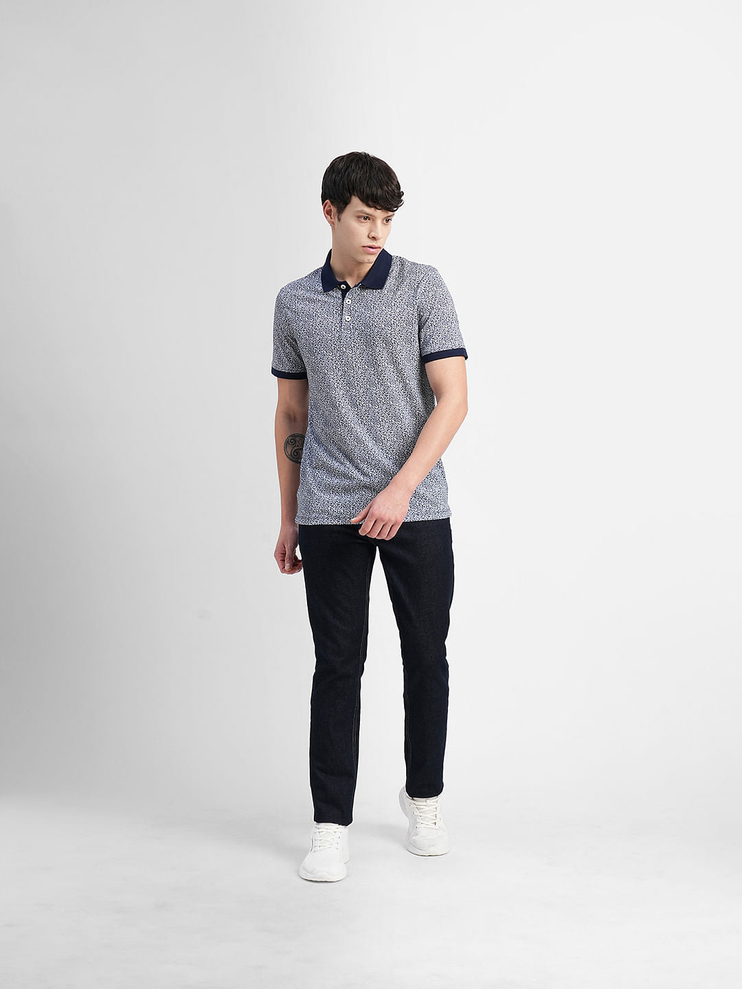 Navy Blue Printed Polo Neck T-shirt