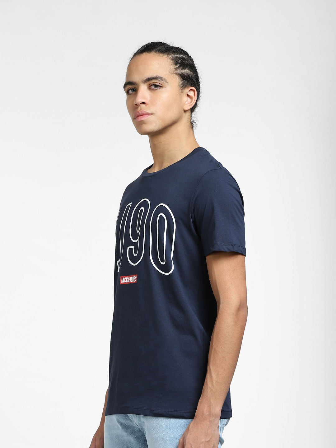 Navy Blue Logo Print Crew Neck T-shirt