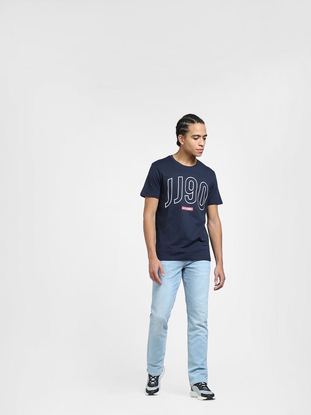 Navy Blue Logo Print Crew Neck T-shirt