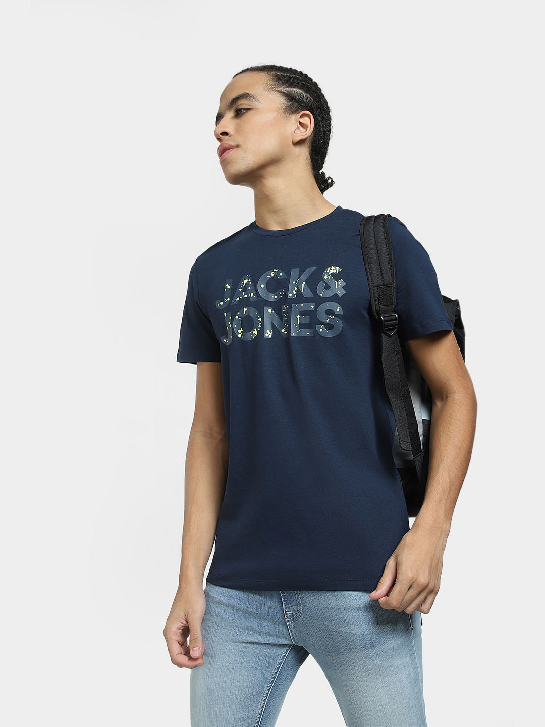 Navy Blue Logo Print Crew Neck T-shirt - S