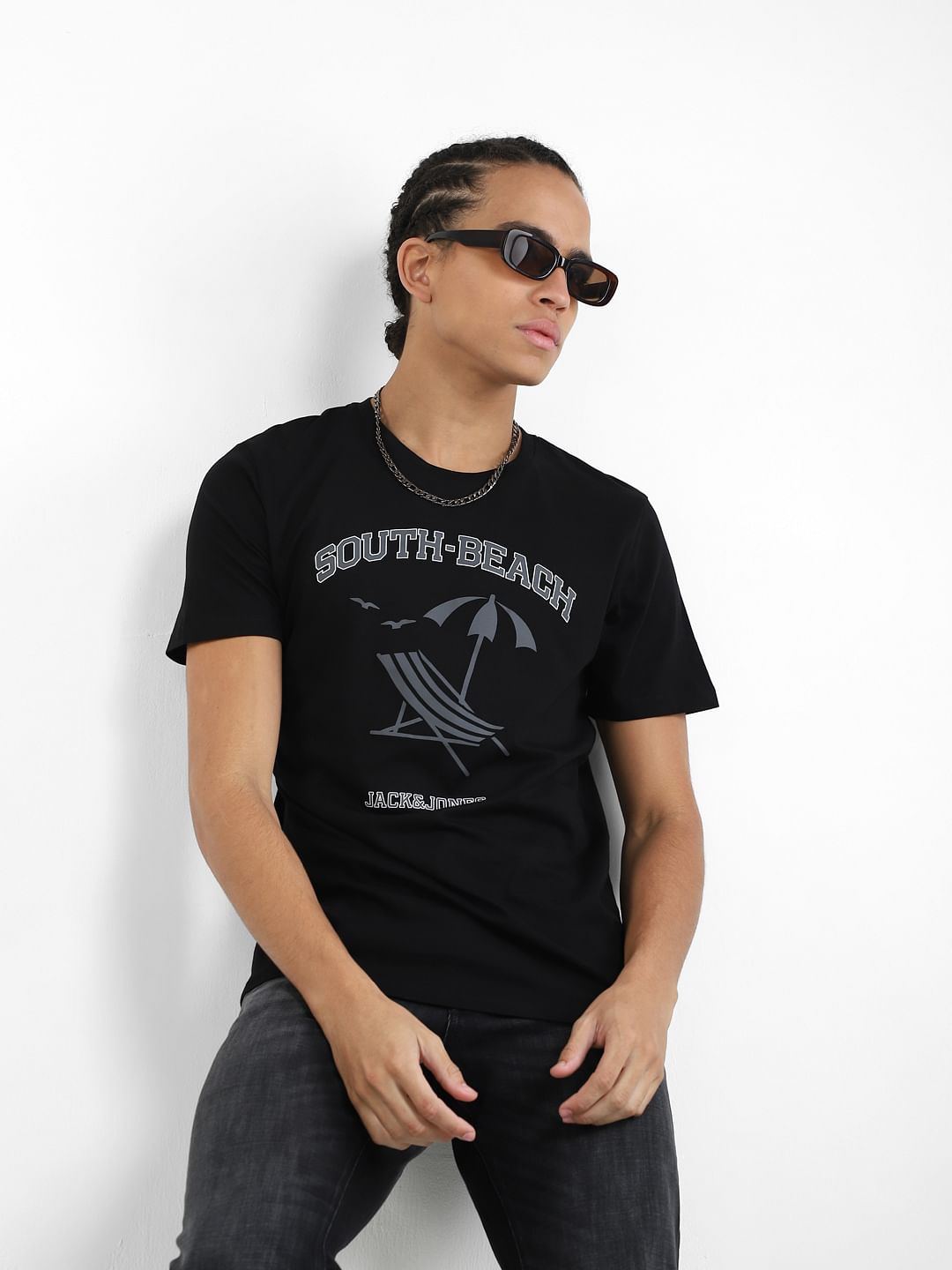 Black Graphic Print Crew Neck T-shirt - S