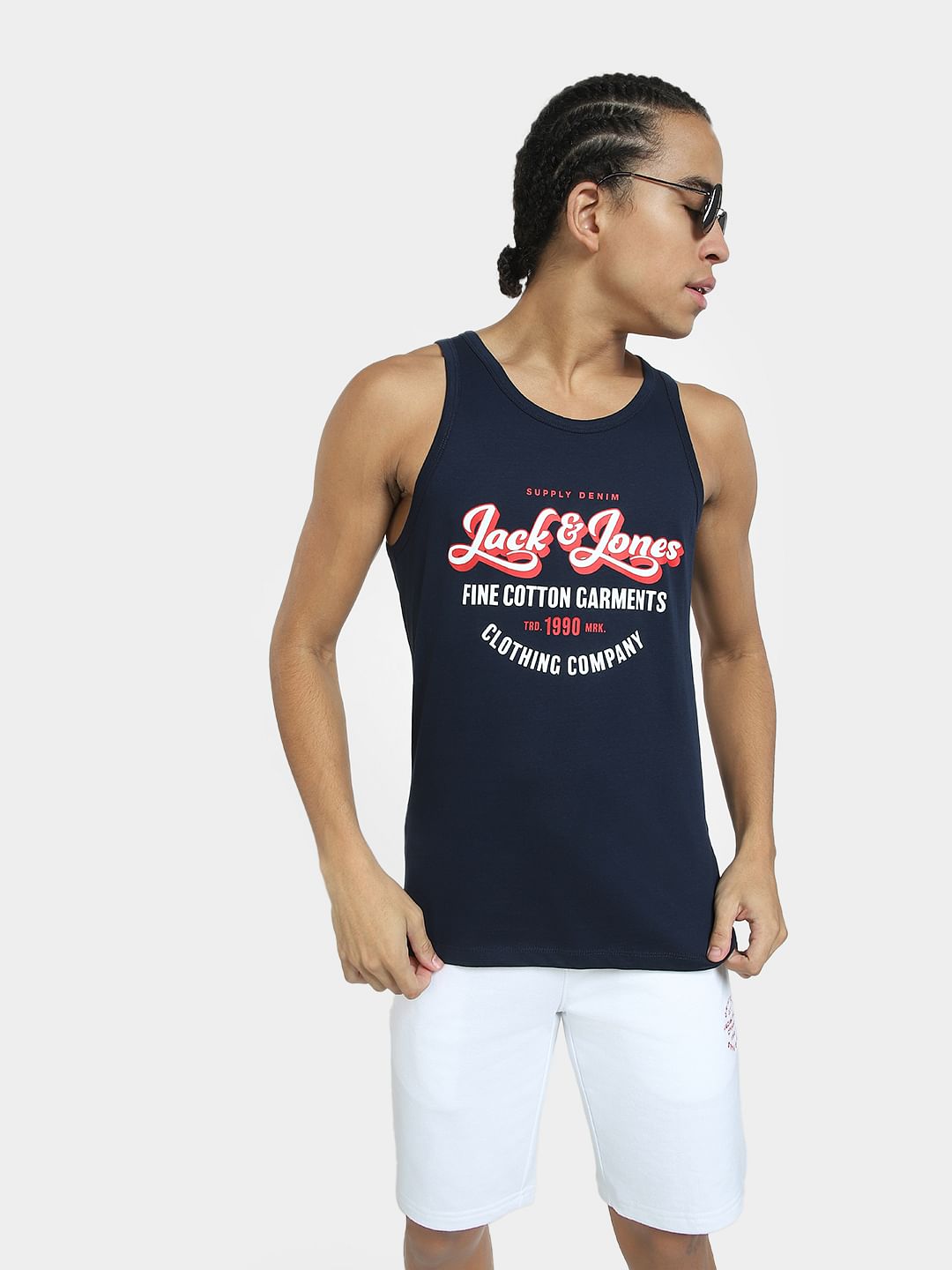 Navy Blue Logo Print T-shirt Vest - S