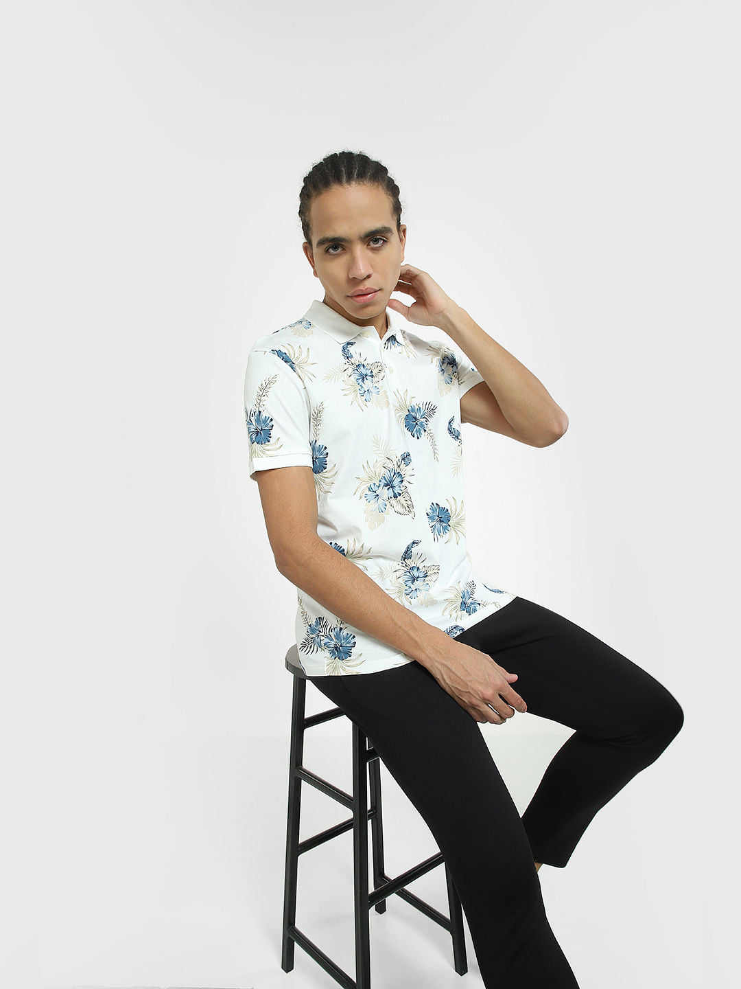 White Tropical Print Polo T-shirt - S