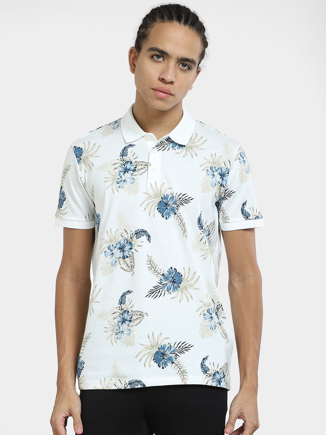 White Tropical Print Polo T-shirt