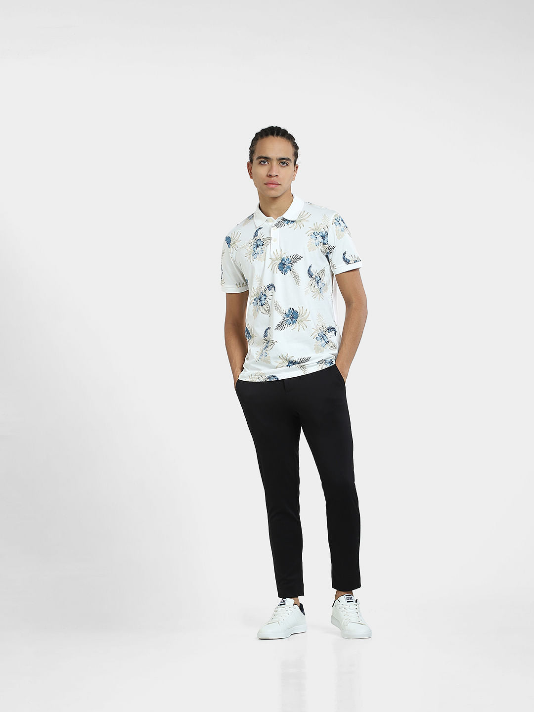 White Tropical Print Polo T-shirt