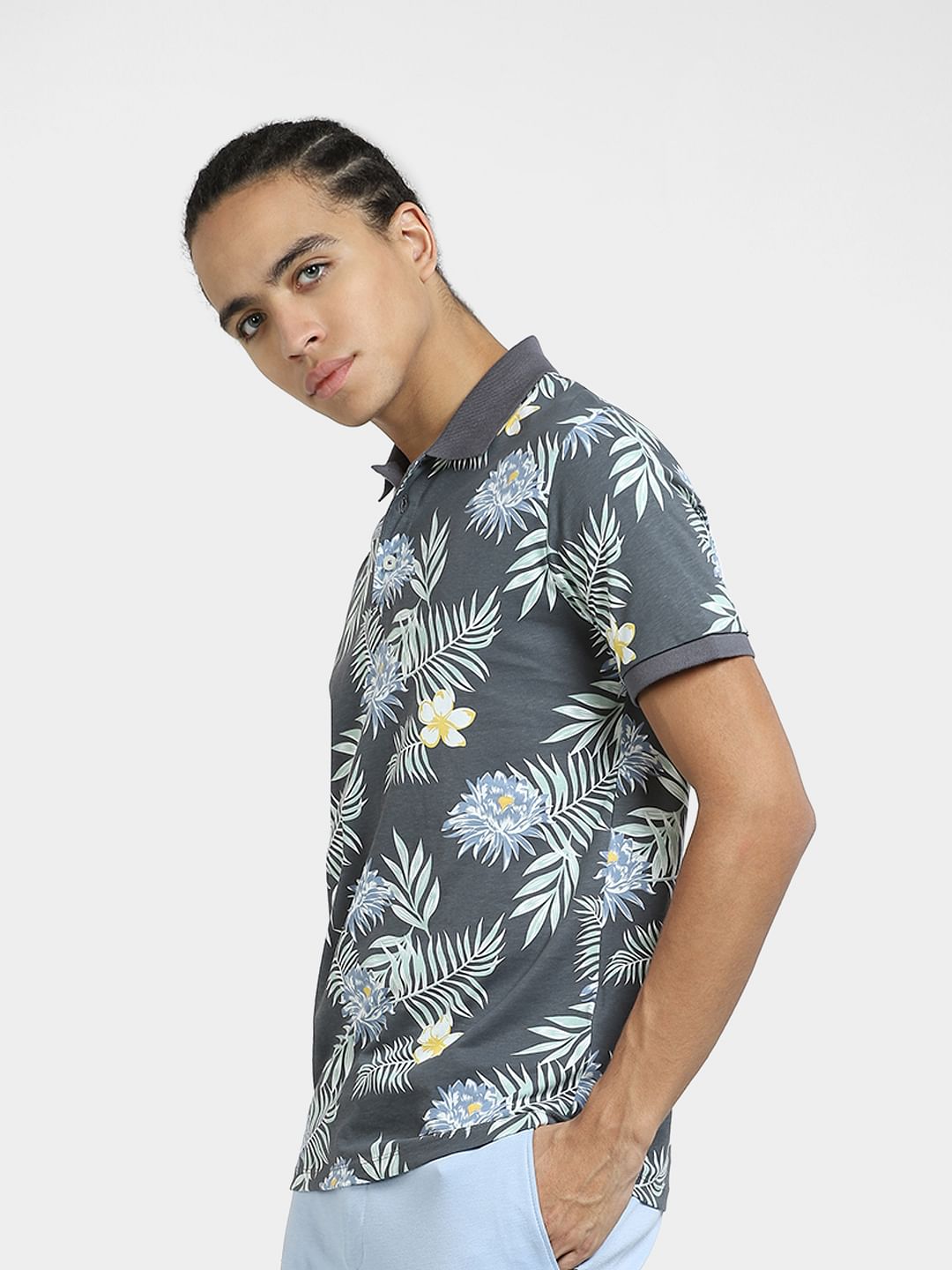 Grey Tropical Print Polo T-shirt