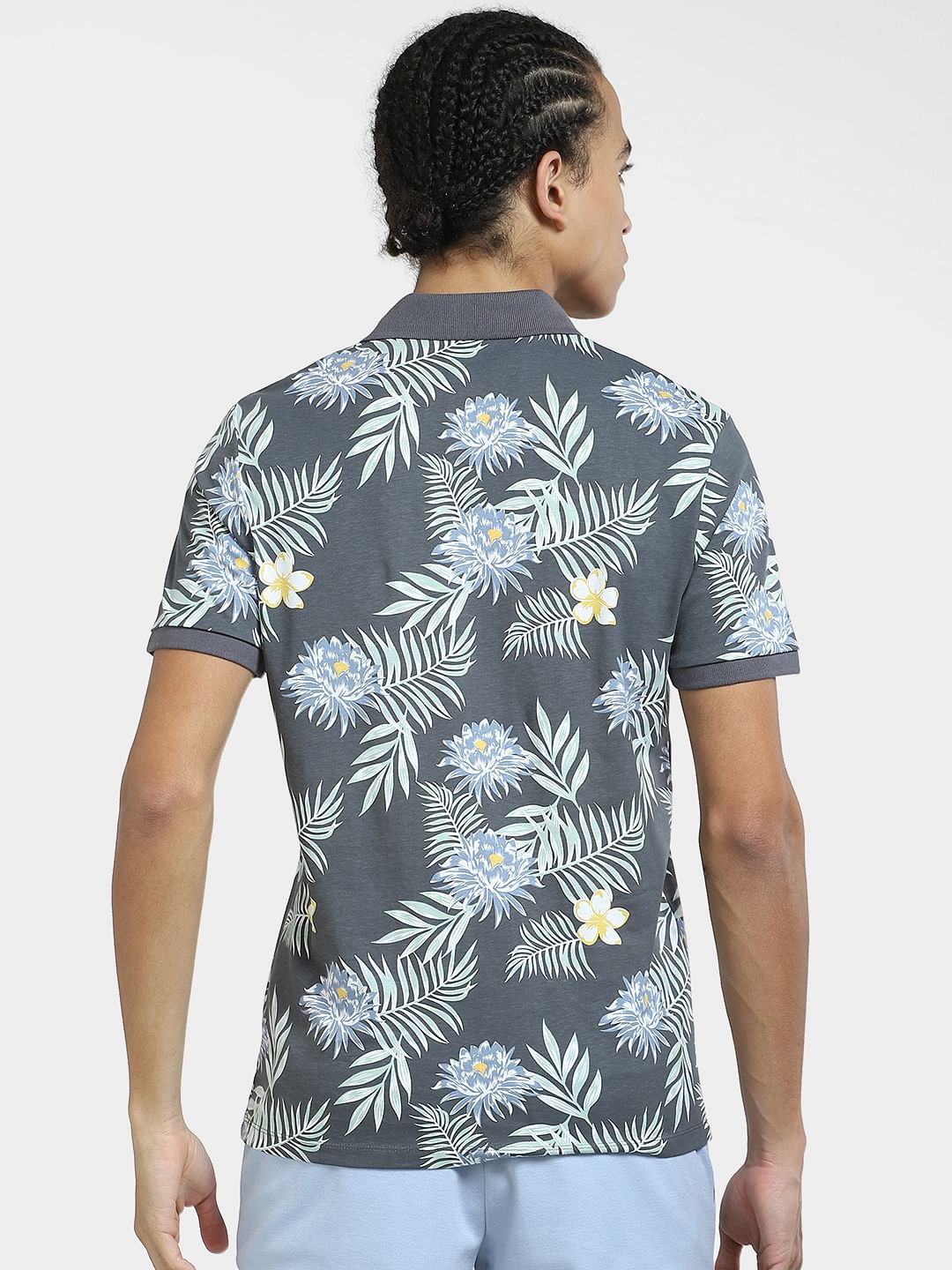 Grey Tropical Print Polo T-shirt