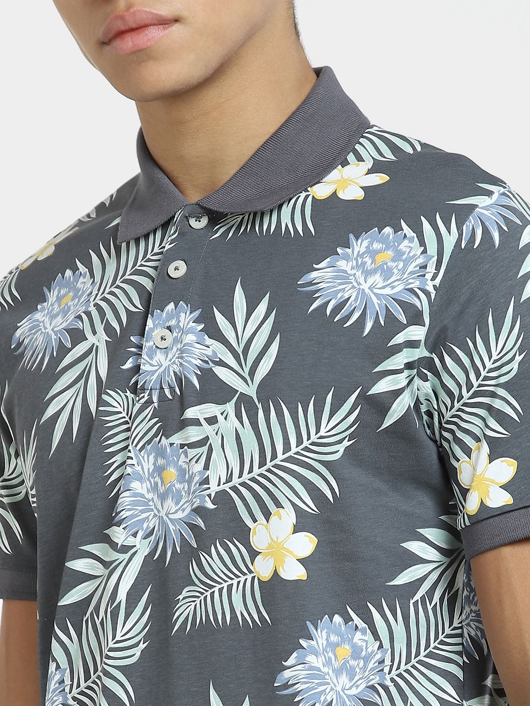 Grey Tropical Print Polo T-shirt