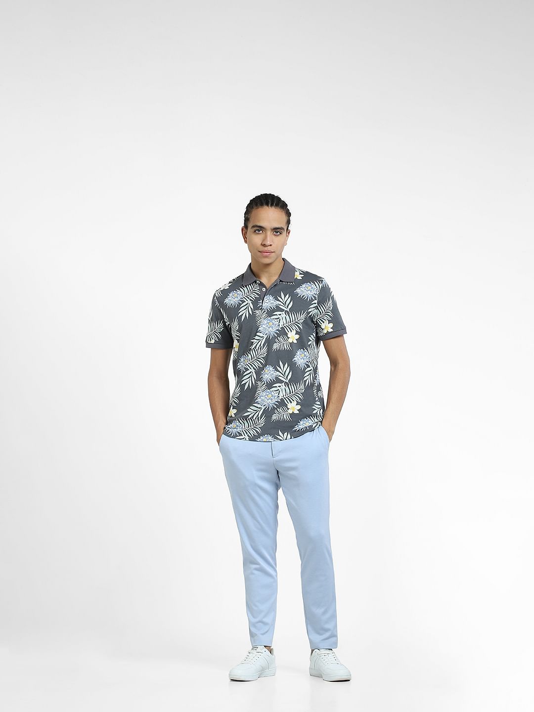 Grey Tropical Print Polo T-shirt